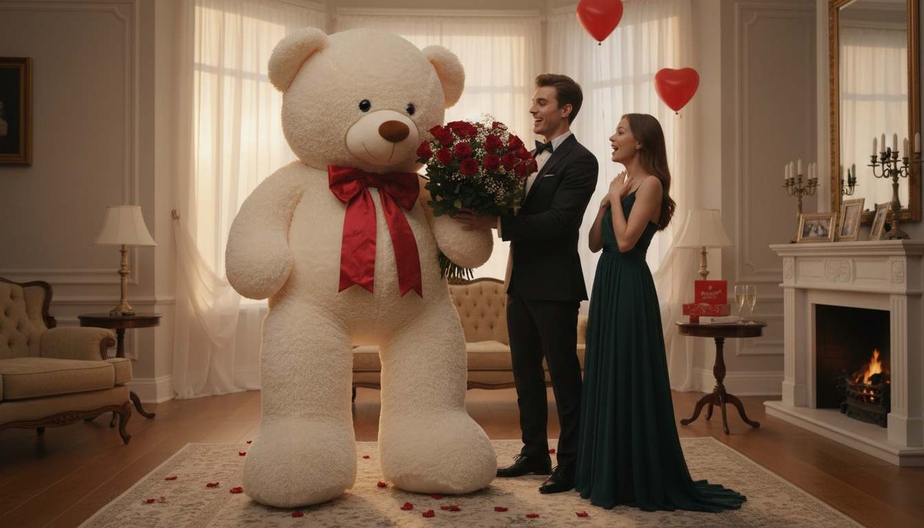 Romantische Überraschung mit XXL Riesen Teddy als Geschenk