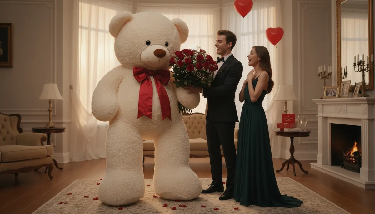 Romantische Überraschung mit XXL Riesen Teddy als Geschenk