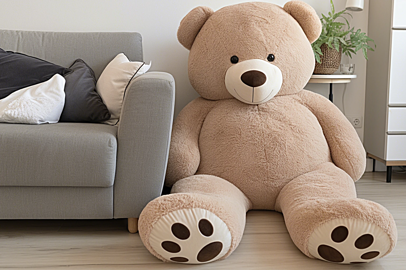 Ein großer Plüschteddybär neben einem Sofa zur Größeneinordnung, helles Wohnzimmer
